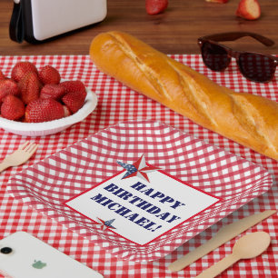 Personalize Name July Birthday Red White Blue Set Paper Plate