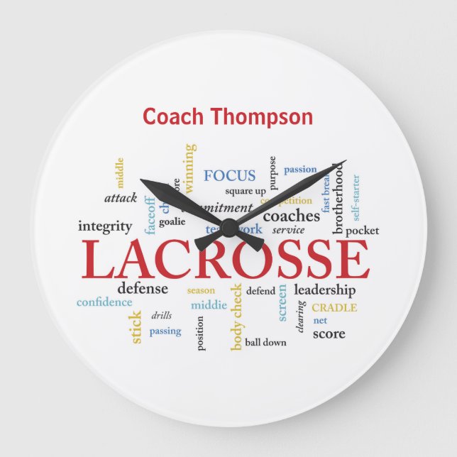Personalize Name Lacrosse Coach Thanks Words Large Clock (Front)