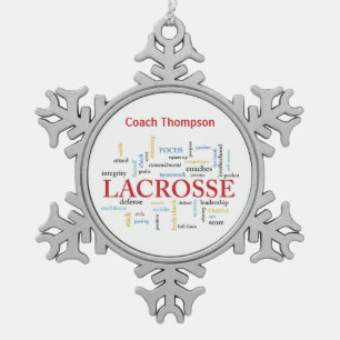 Personalize Name Lacrosse Coach Thanks Words Snowflake Pewter Christmas Ornament