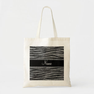 Personalize name light grey glitter zebra stripes tote bag