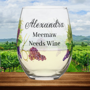 Personalize Name Meema Needs Wine Grapes Stemless Wine Glass