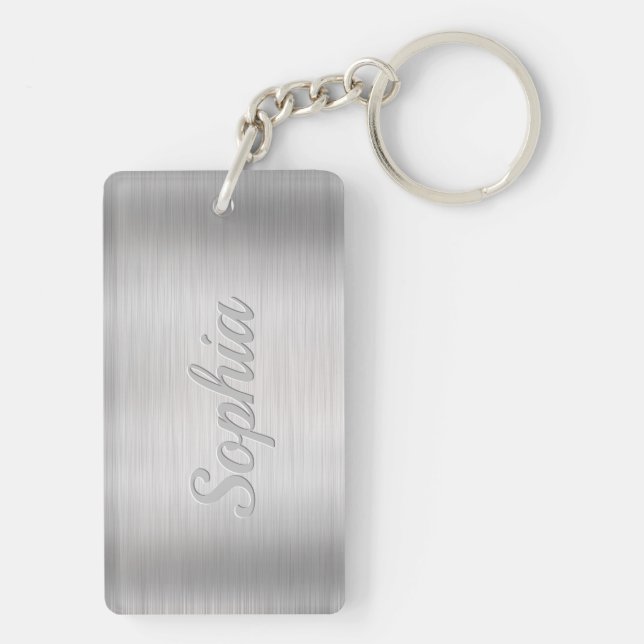 Personalize Name & Message, Brushed Steel Keychain (Back)