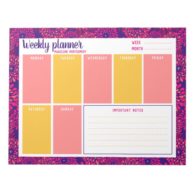 Personalize Name Modern Floral Weekly Planner  Notepad (Front)
