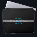 Personalize Name & Monogram Blue/White Grey Stripe Laptop Sleeve<br><div class="desc">Personalize your name,  initials or message in blue and white text on grey stripe with black background. Click “Edit Using Design Tool” to change colours and type styles.</div>