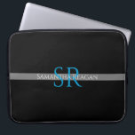 Personalize Name & Monogram Blue/White Grey Stripe Laptop Sleeve<br><div class="desc">Personalize your name,  initials or message in blue and white text on grey stripe with black background. Click “Edit Using Design Tool” to change colours and type styles.</div>