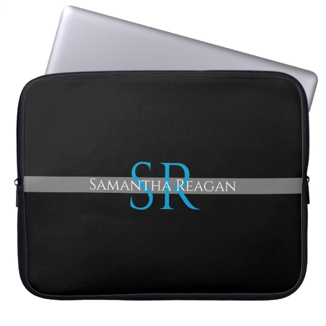 Personalize Name & Monogram Blue/White Grey Stripe Laptop Sleeve (Front)