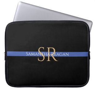 Personalize Name & Monogram Gold/White Blue Stripe Laptop Sleeve