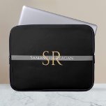 Personalize Name & Monogram Gold/White Grey Stripe Laptop Sleeve<br><div class="desc">Personalize your name,  initials or message in gold and white text on grey stripe with black background.</div>