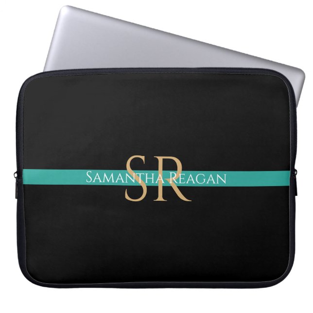 Personalize Name & Monogram Gold/White Teal Stripe Laptop Sleeve (Front)
