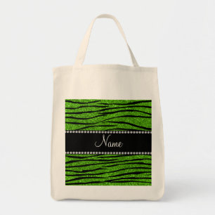 Personalize name neon green glitter zebra stripes tote bag