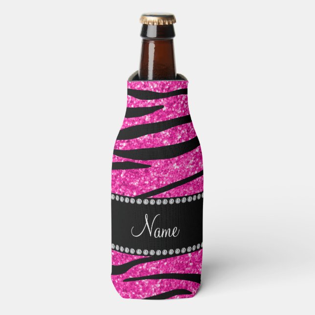 Personalize name neon hot pink glitter zebra bottle cooler (Bottle Front)