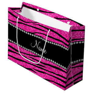 Personalize name neon hot pink glitter zebra large gift bag