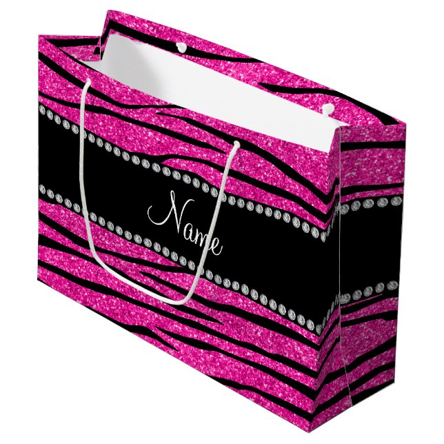 Personalize name neon hot pink glitter zebra large gift bag (Front Angled)