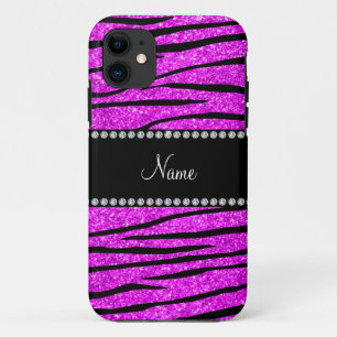 Personalize name neon pink glitter zebra stripes iPhone 11 case