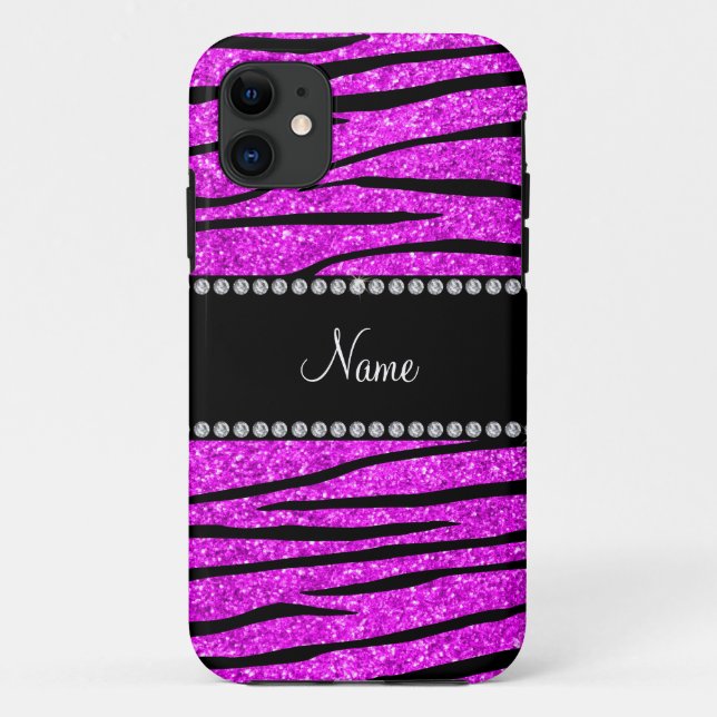 Personalize name neon pink glitter zebra stripes Case-Mate iPhone case (Back)