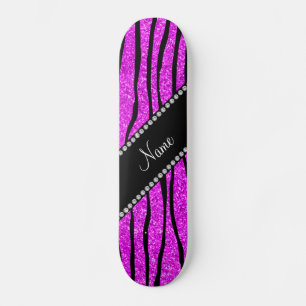 Personalize name neon pink glitter zebra stripes skateboard