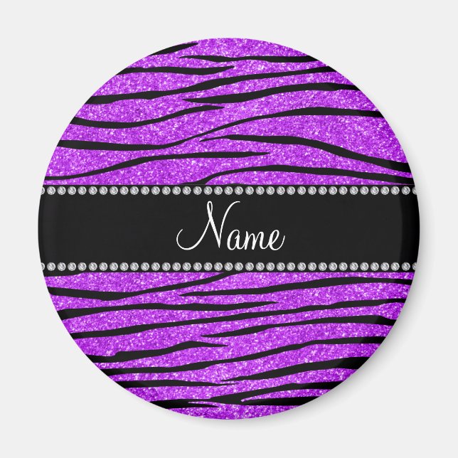 Personalize name neon purple glitter zebra stripes magnet (Front)