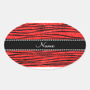 Personalize name neon red glitter zebra stripes oval sticker