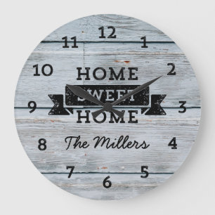 Personalize Name Pale Wood Rustic Home Sweet Home Large Clock