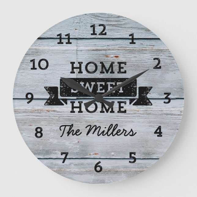 Personalize Name Pale Wood Rustic Home Sweet Home Large Clock (Front)