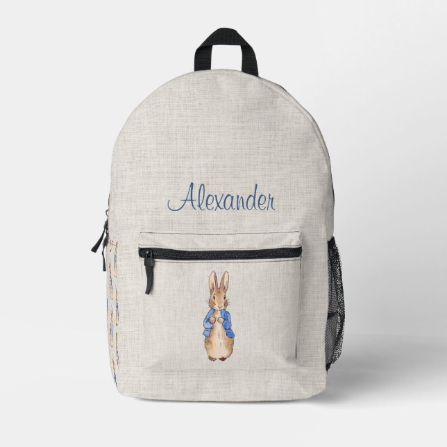 Personalize Name Peter the Rabbit beige linen  Printed Backpack (Front)
