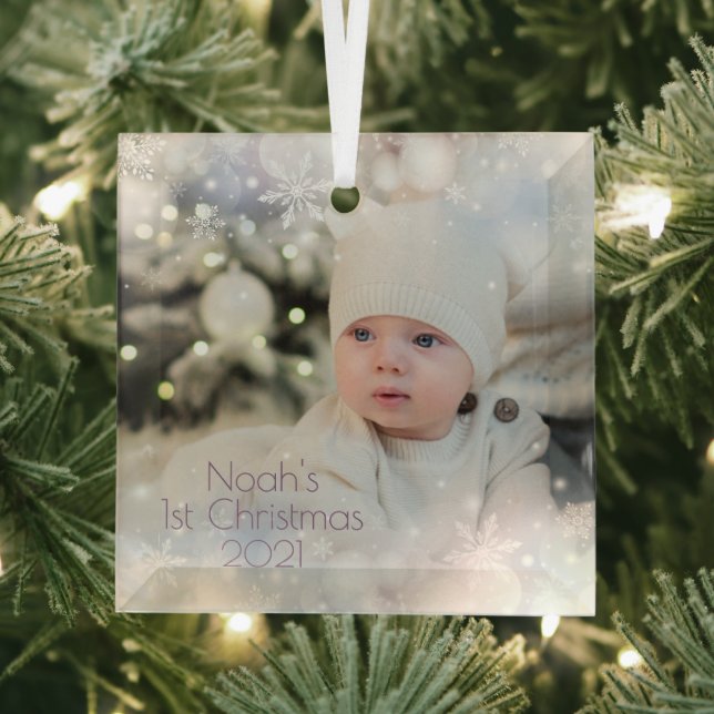 Personalize Name & Photo Baby's First Christmas  2 Glass Ornament (Insitu)