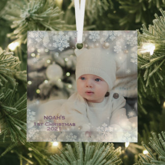 Personalize Name & Photo Baby's First Christmas 3 Glass Ornament