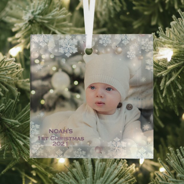Personalize Name & Photo Baby's First Christmas  3 Glass Ornament (Insitu)