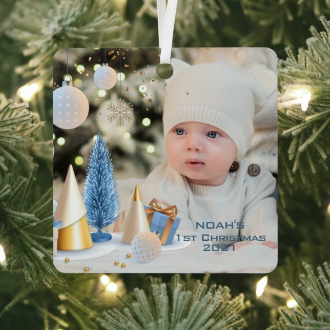 Personalize Name & Photo Baby's First Christmas  5 Metal Ornament (Insitu)