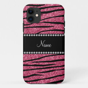 Personalize name pink glitter zebra stripes iPhone 11 case