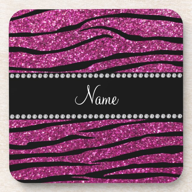 Personalize name pink glitter zebra stripes coaster (Front)