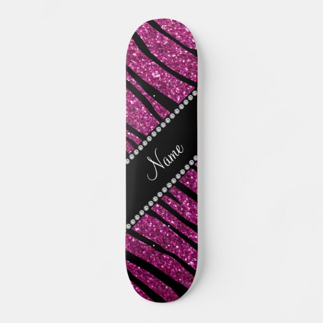 Personalize name pink glitter zebra stripes skateboard (Front)