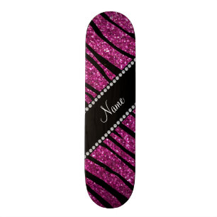 Personalize name pink glitter zebra stripes skateboard