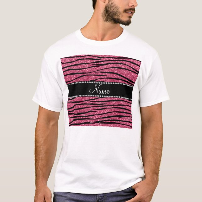 Personalize name pink glitter zebra stripes T-Shirt (Front)