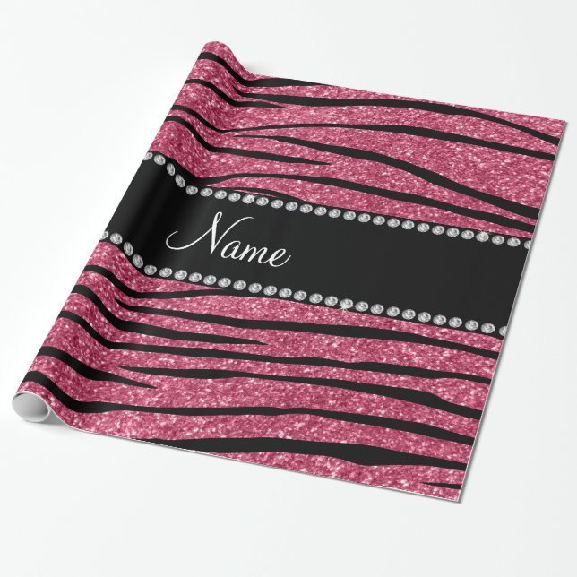 Personalize name pink glitter zebra stripes wrapping paper (Unrolled)