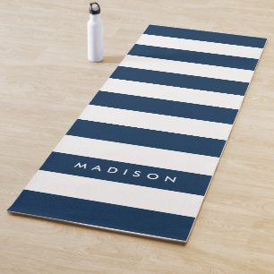 Personalize Name Preppy Navy Blue & White Stripes Yoga Mat
