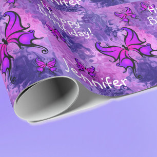 Personalize Name Purple Butterfly Roll of Birthday Wrapping Paper