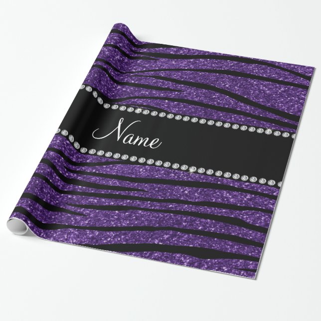 Personalize name purple glitter zebra stripes wrapping paper (Unrolled)