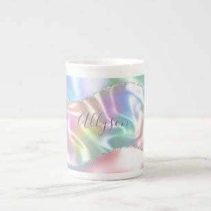 Personalize Name Purple Script, Iridescent Wave Bone China Mug