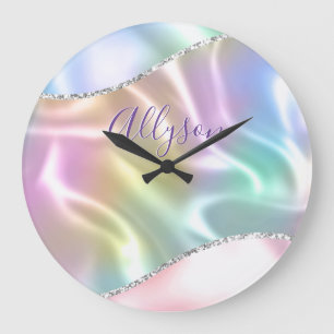 Personalize Name Purple Script, Iridescent Wave Large Clock