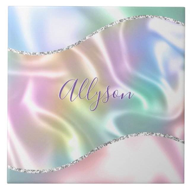Personalize Name Purple Script, Iridescent Wave Tile (Front)
