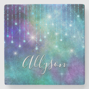 Personalize Name, Purple & Teal, Lights & Sparkle Stone Coaster