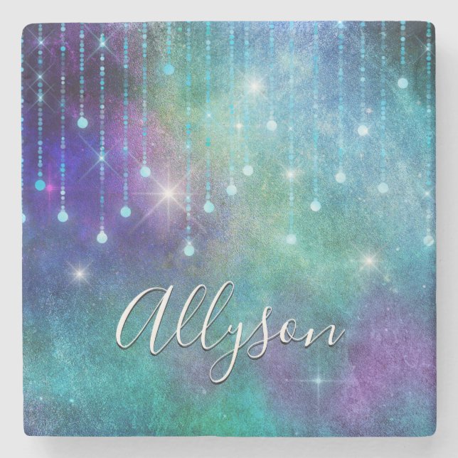Personalize Name, Purple & Teal, Lights & Sparkle Stone Coaster (Front)
