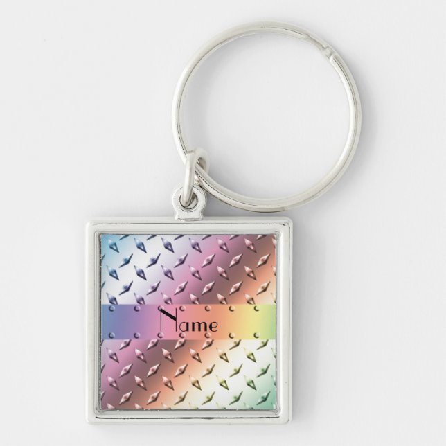 Personalize name rainbow diamond plate steel keychain (Front)