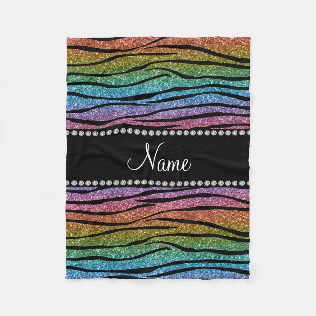 Personalize name rainbow glitter zebra stripes fleece blanket (Front)