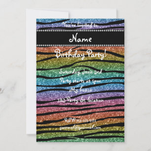 Personalize name rainbow glitter zebra stripes invitation