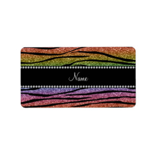 Personalize name rainbow glitter zebra stripes label