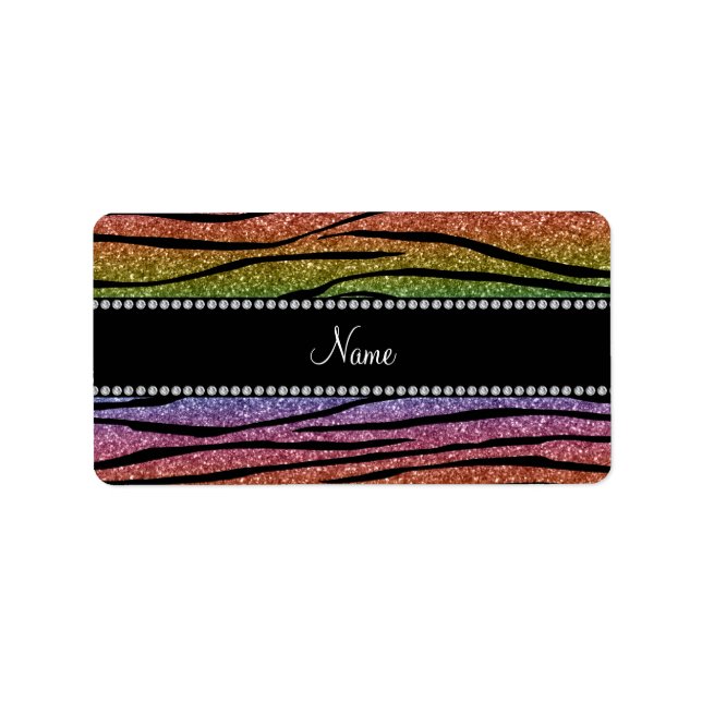 Personalize name rainbow glitter zebra stripes label (Front)