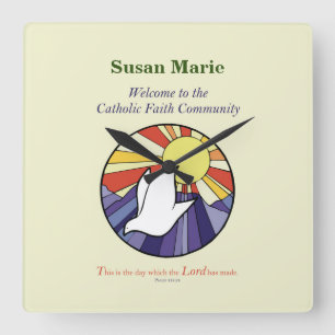 Personalize Name, RCIA Dove Circle on Yellow Square Wall Clock