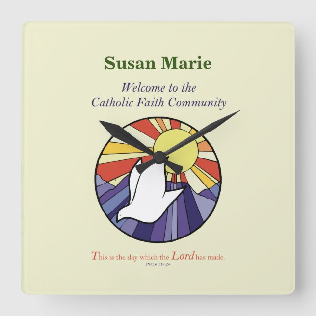 Personalize Name, RCIA Dove Circle on Yellow Square Wall Clock (Front)